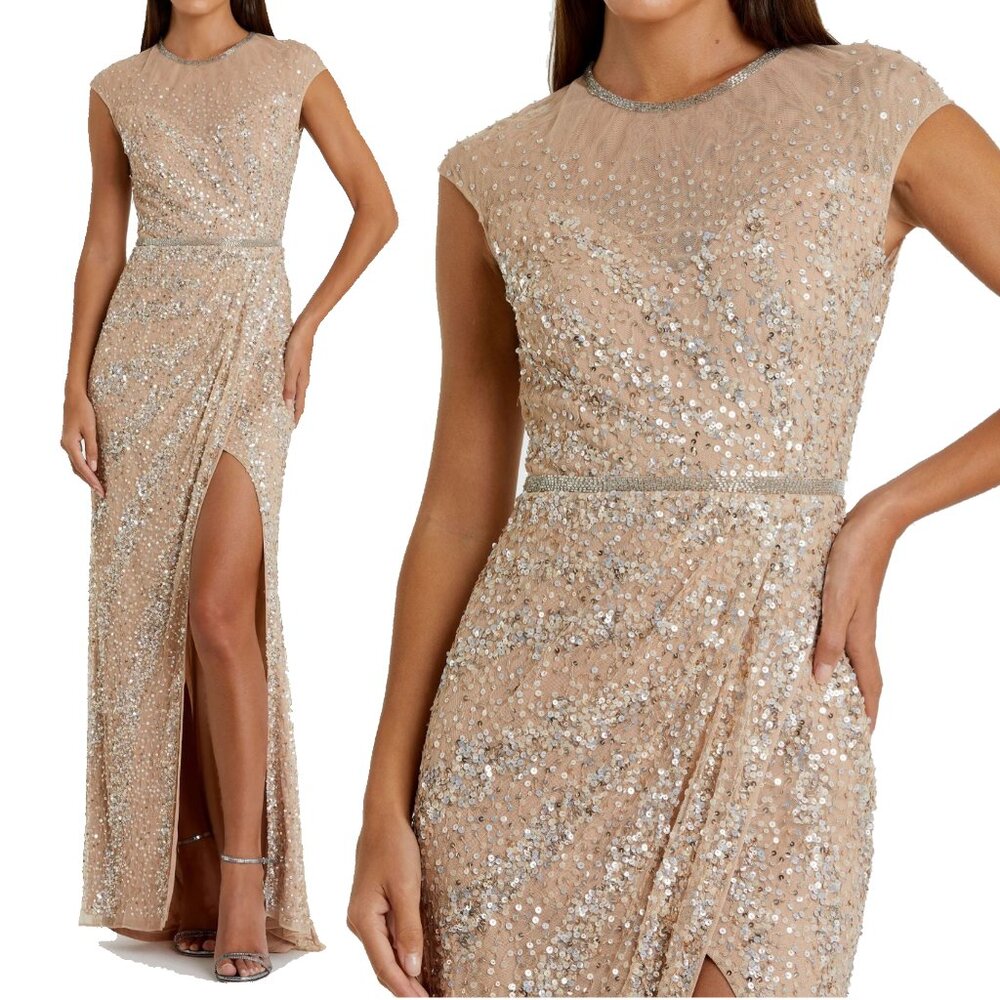 Mac Duggal 5619 Size 4 Beige Embellished Illusion High Neck Cap Sleeve Gown
